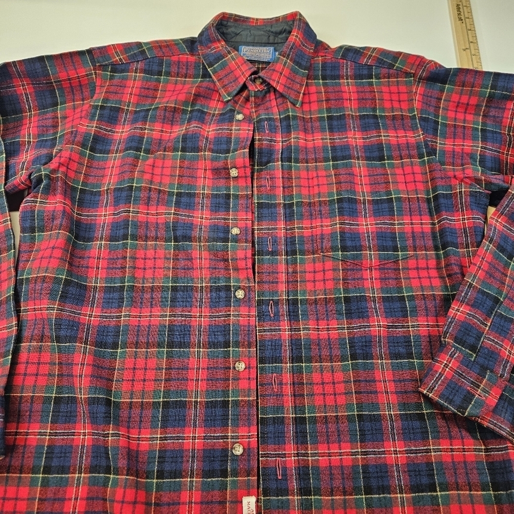 Pendleton Wool Shirt Sz Large Long Macpherson Red Tartan Flannel Made in USA